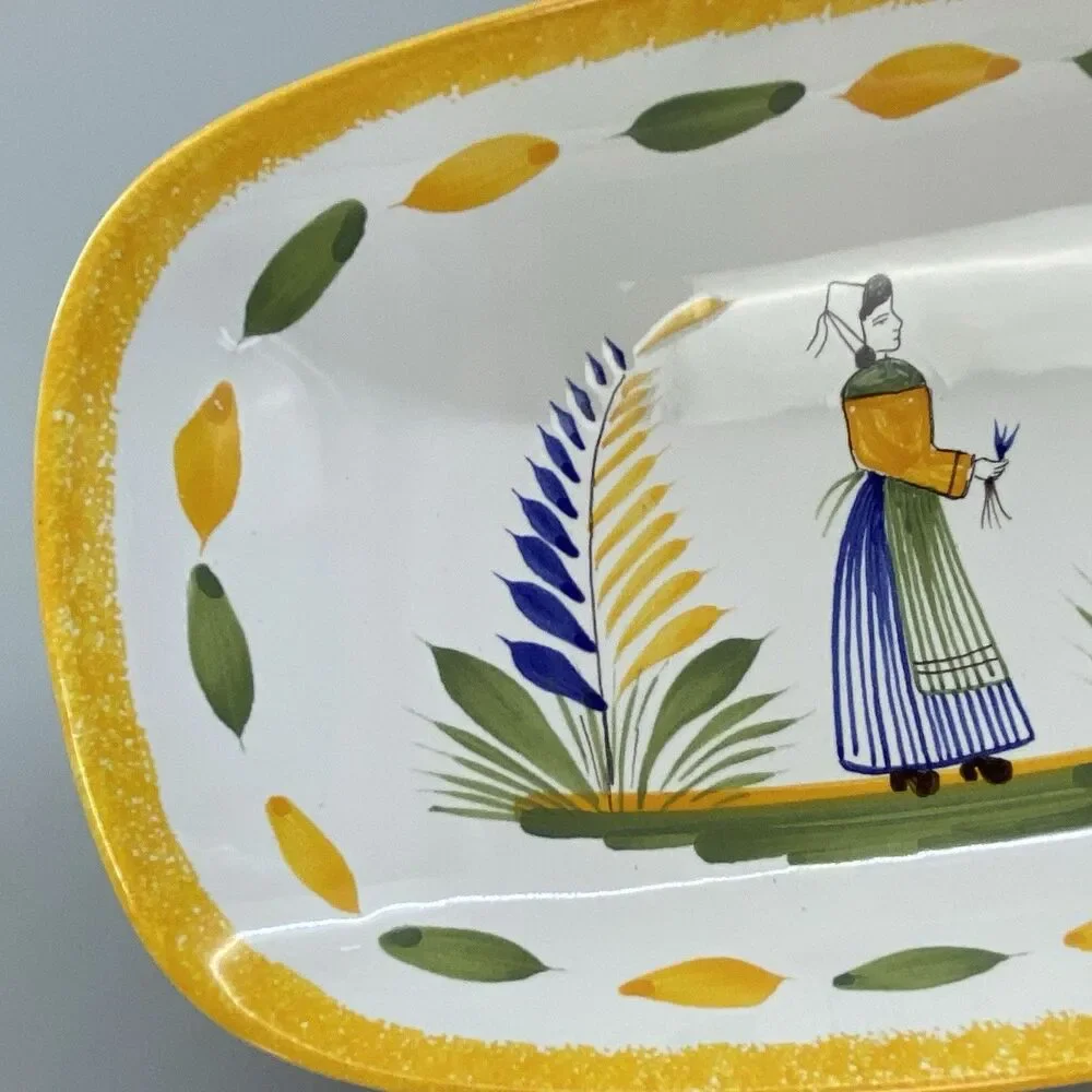 Vintage Keraluc Quimper France Hand Painted Faience Breton Dish Tray Yellow Trim